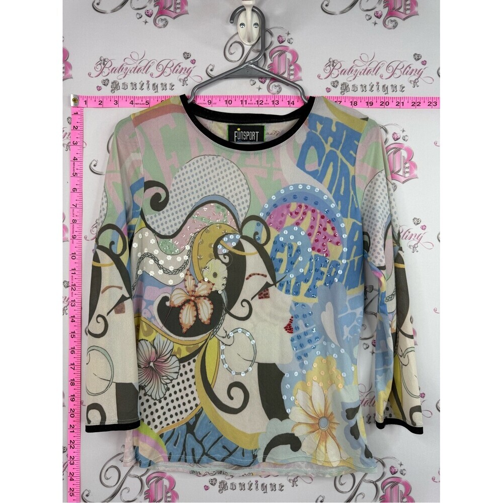 FUNSPORT y2k shirt Floral Abstract Print Long Sleeve Top - Pastel Multicolor